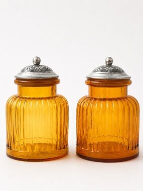 Vintage 9” Amber Ribbed Glass Kitchen Canister Set with Pewter Lids | Home Art